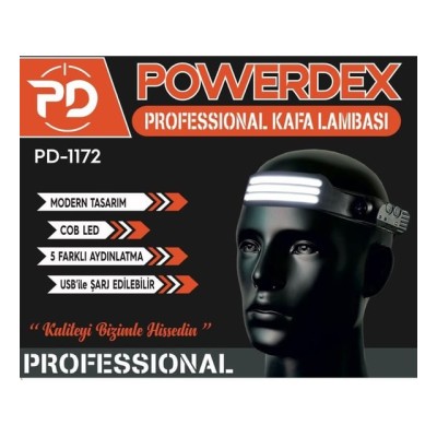 Powerdex PD-1172 COB LED Sensörlü 5 Modlu USB Şarj Edilebilir Dahili Pilli Kafa Feneri