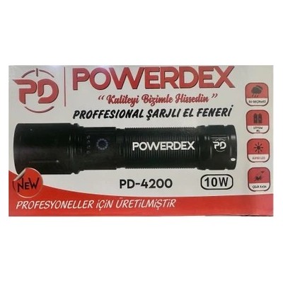 Powerdex PD-4200 Yağmur Suyu Geçirmez 10Watt Süper LED Profesyonel Şarjlı El Feneri