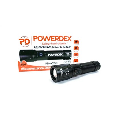 Powerdex PD-4200 Yağmur Suyu Geçirmez 10Watt Süper LED Profesyonel Şarjlı El Feneri