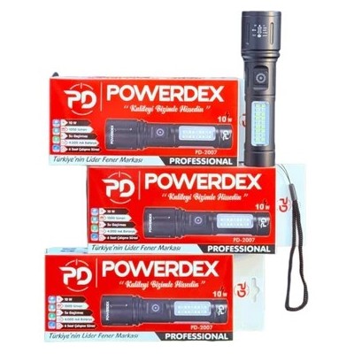 PD-2007 Şarjlı El Feneri | 10W Led, 1000 Lümen, Zoom, Cob Yan Işık + Çakar Mod, Suya Dayanıklı