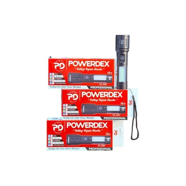 PD-2007 Şarjlı El Feneri | 10W Led, 1000 Lümen, Zoom, Cob Yan Işık + Çakar Mod, Suya Dayanıklı