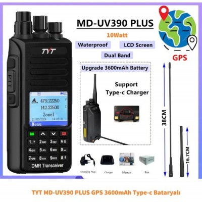 TYT MD-UV390 DMR Plus Gps'li 3600mAh Type-C Batarya 10Watt