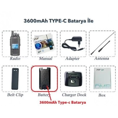 TYT MD-UV390 DMR Plus Gps'li 3600mAh Type-C Batarya 10Watt