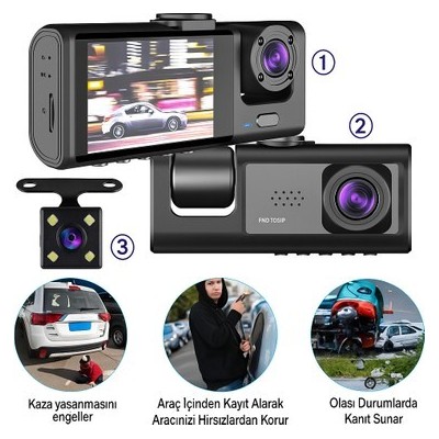 3 Kameralı Wifi'li Araç Kayıt Kamerası Vr-10 | Geniş Görüş – Gece Görüş – Otopark Modu