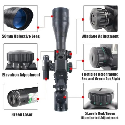 Combo 4-12X50 EG Tüfek Dürbünü Işıklı Dürbün + Güçlü Lazer + Red Dot 3 'lü Taktikal Set