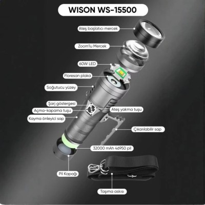 Wison WS-15500 13000 Lümen 130 Watt Profesyonel El Feneri