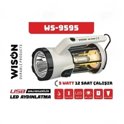 Wıson WS-9595 5 W Şarjlı Işıldak Kamp Feneri Fonksiyonlu LED Aydınlatma