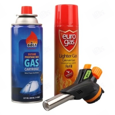 Mahzen Profesyonel 3'lü Pürmüz Başlığı Seti (Butan Propan Gaz Kartuşu 400ML Çakmak + Çakmak Gazı 270ML)