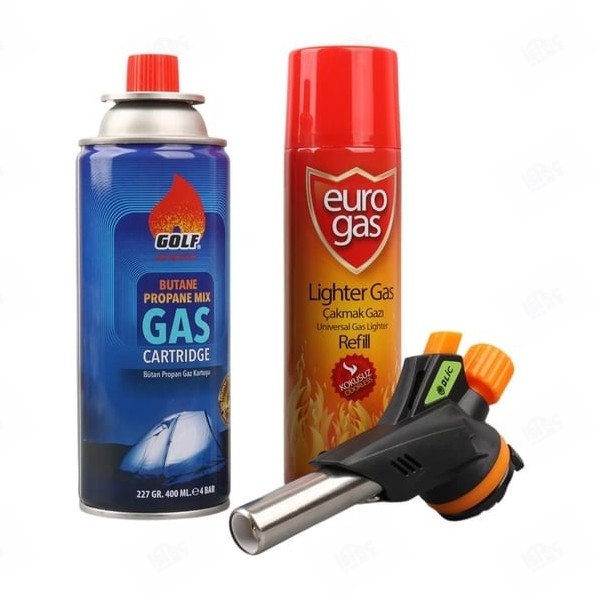 Mahzen Profesyonel 3'lü Pürmüz Başlığı Seti (Butan Propan Gaz Kartuşu 400ML Çakmak + Çakmak Gazı 270ML)